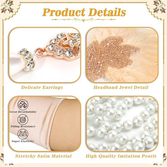 Flapper Accessories 1920s Gatsby Headband Necklace Gloves for Women - Picture 5 of 7